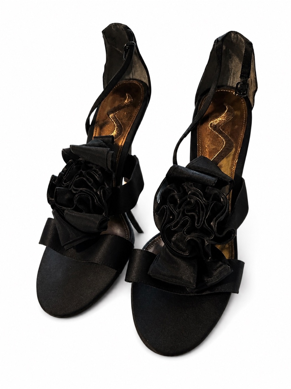 Nina Shoes Black Satin Floral Rosette Heels